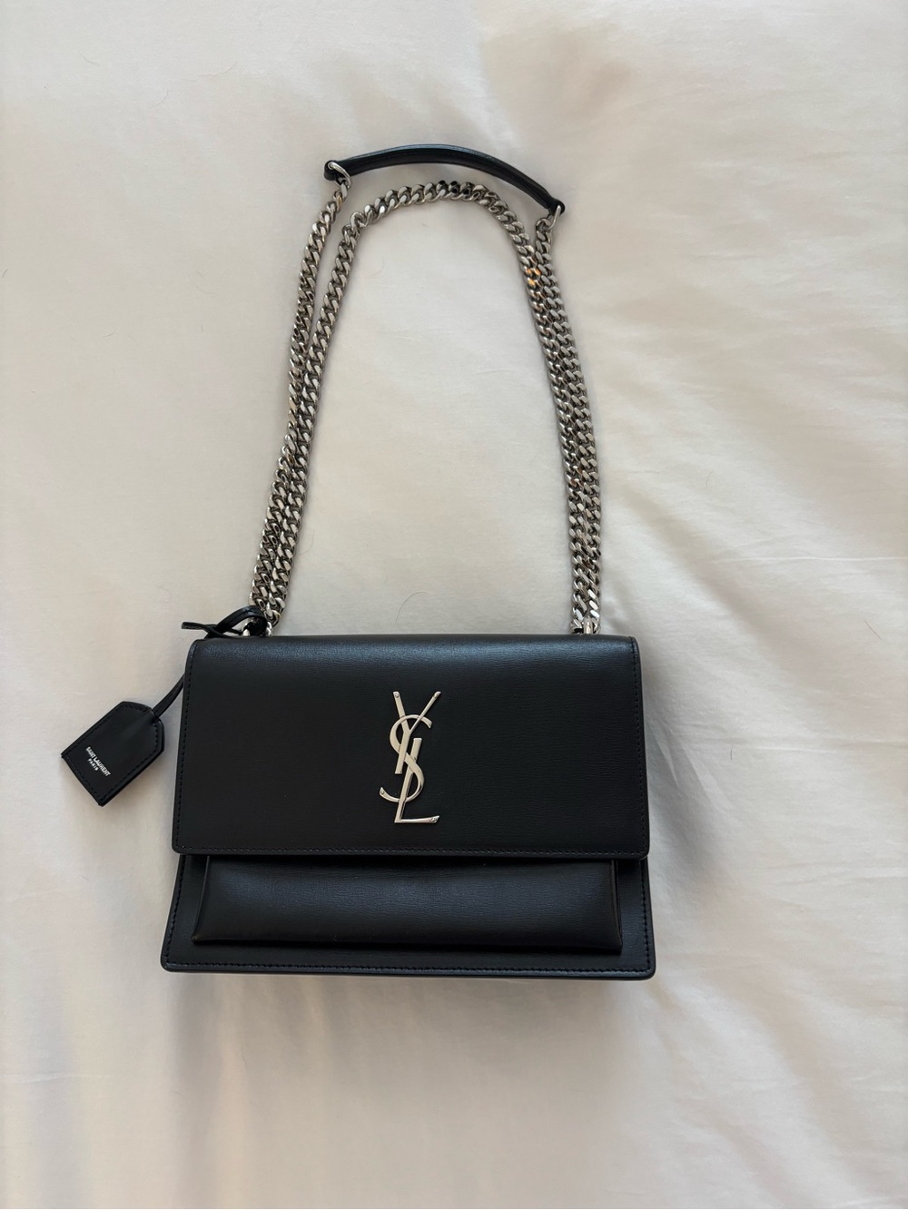 Saint Laurent Black Leather Shoulder Bag with Silver YSL Chain